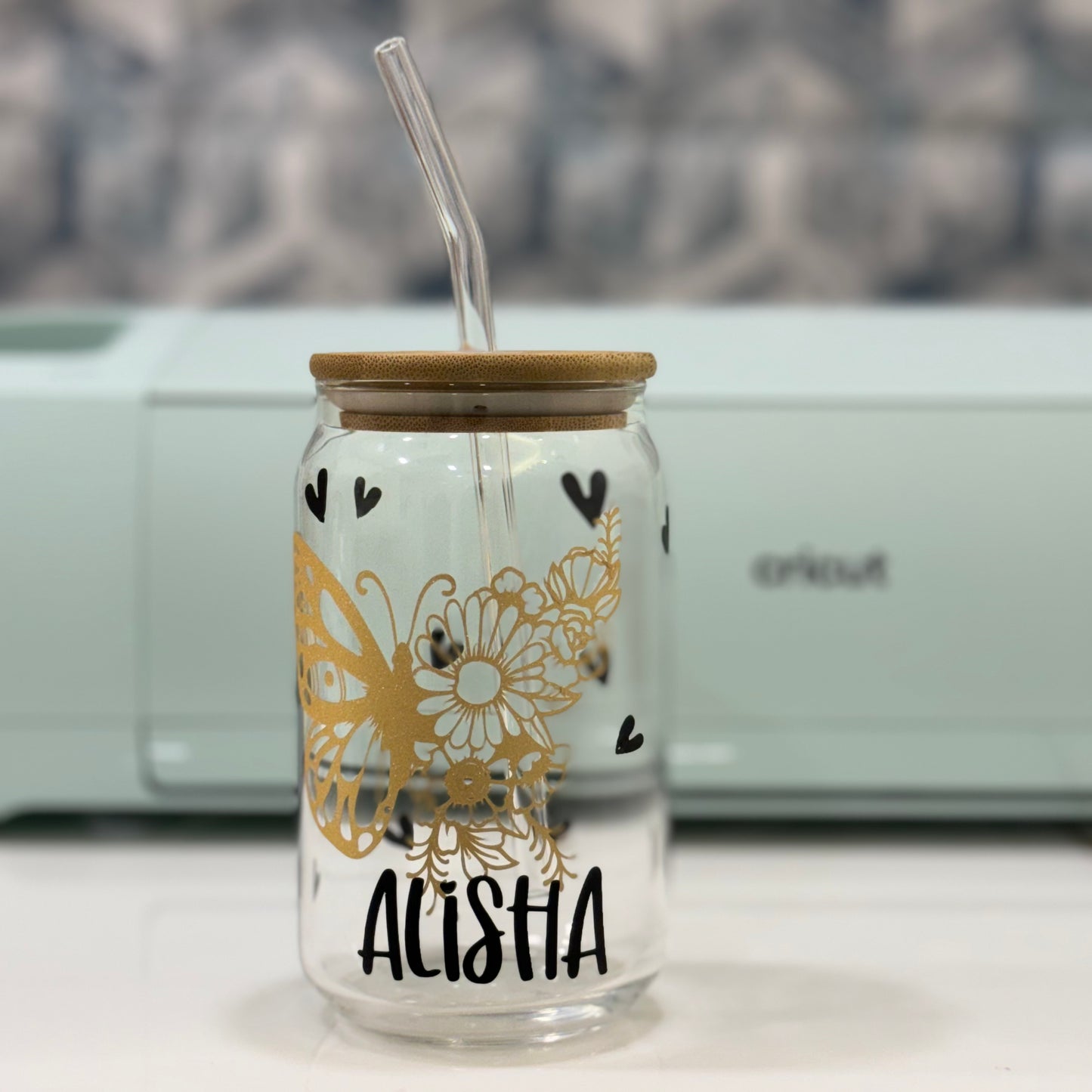 Butterfly Custom Name Cute Glass Tumbler - 16oz With wooden Lid and Straw