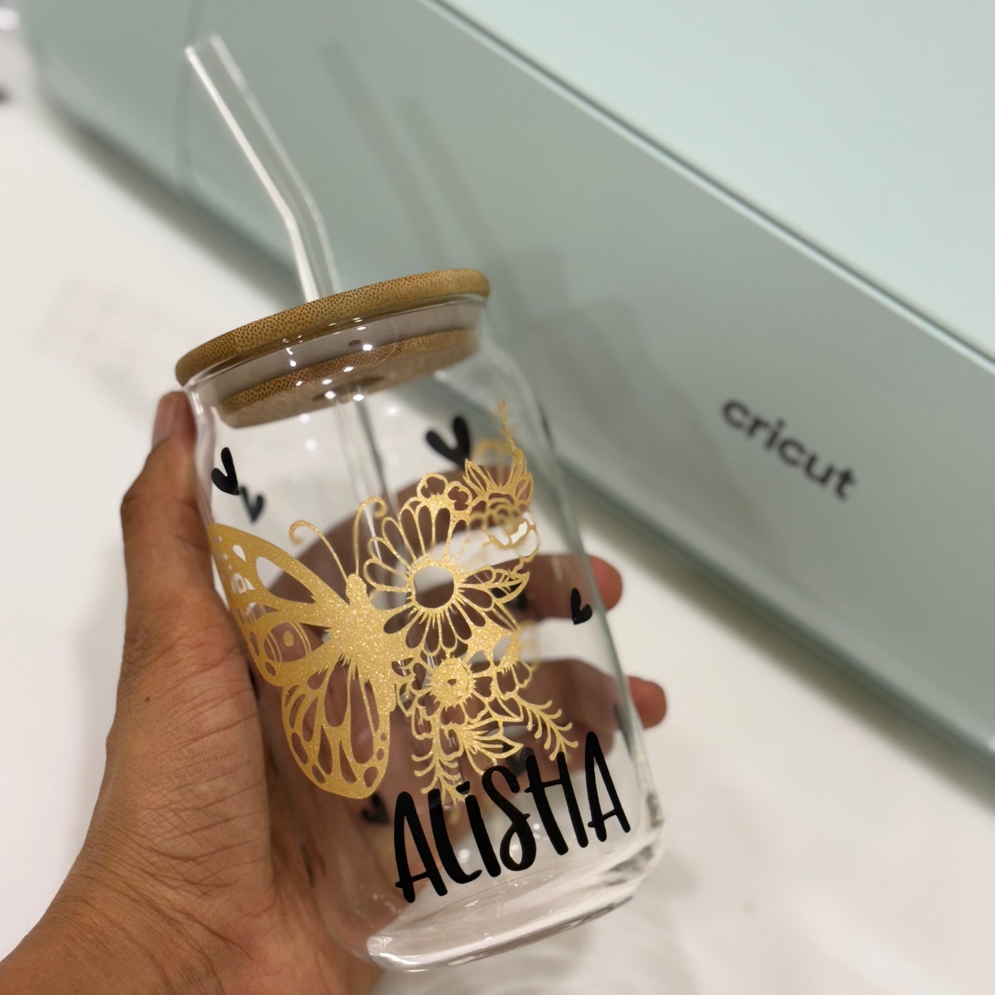 Butterfly Custom Name Cute Glass Tumbler - 16oz With wooden Lid and Straw