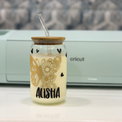 Butterfly Custom Name Cute Glass Tumbler - 16oz With wooden Lid and Straw