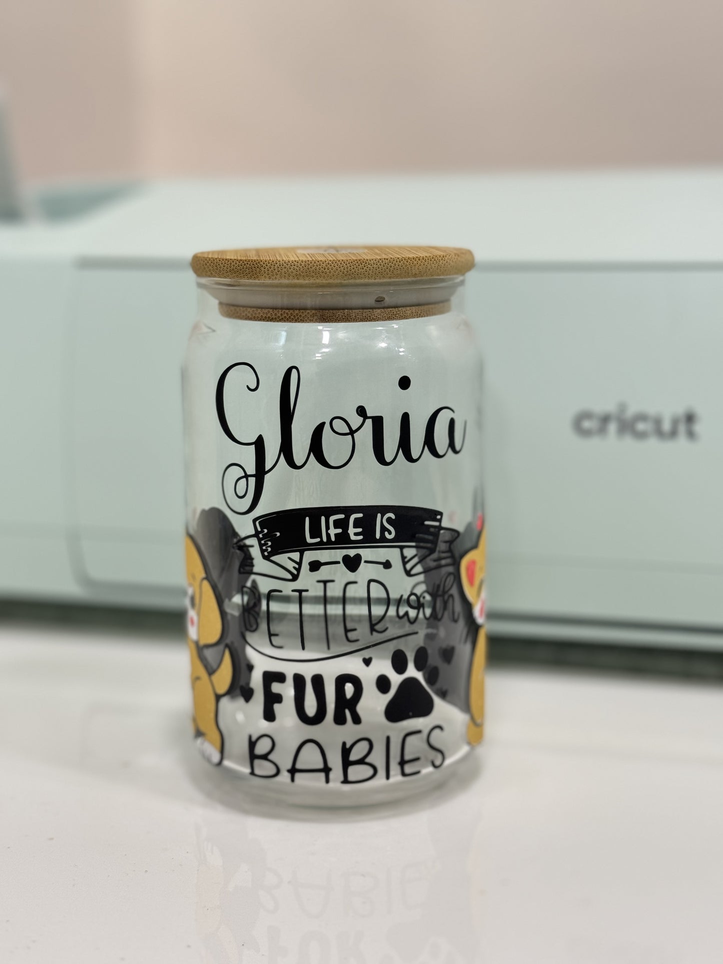 Custom Name Life is Better with Furr Baby Glass Tumbler - 16oz With wooden Lid and Straw